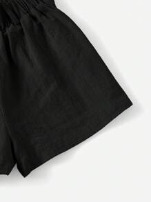 SHEIN Tween Girl Solid Color Shorts , Featuring Paper Bag Waist And Button Details, Suitable For Summer - Black - View 4