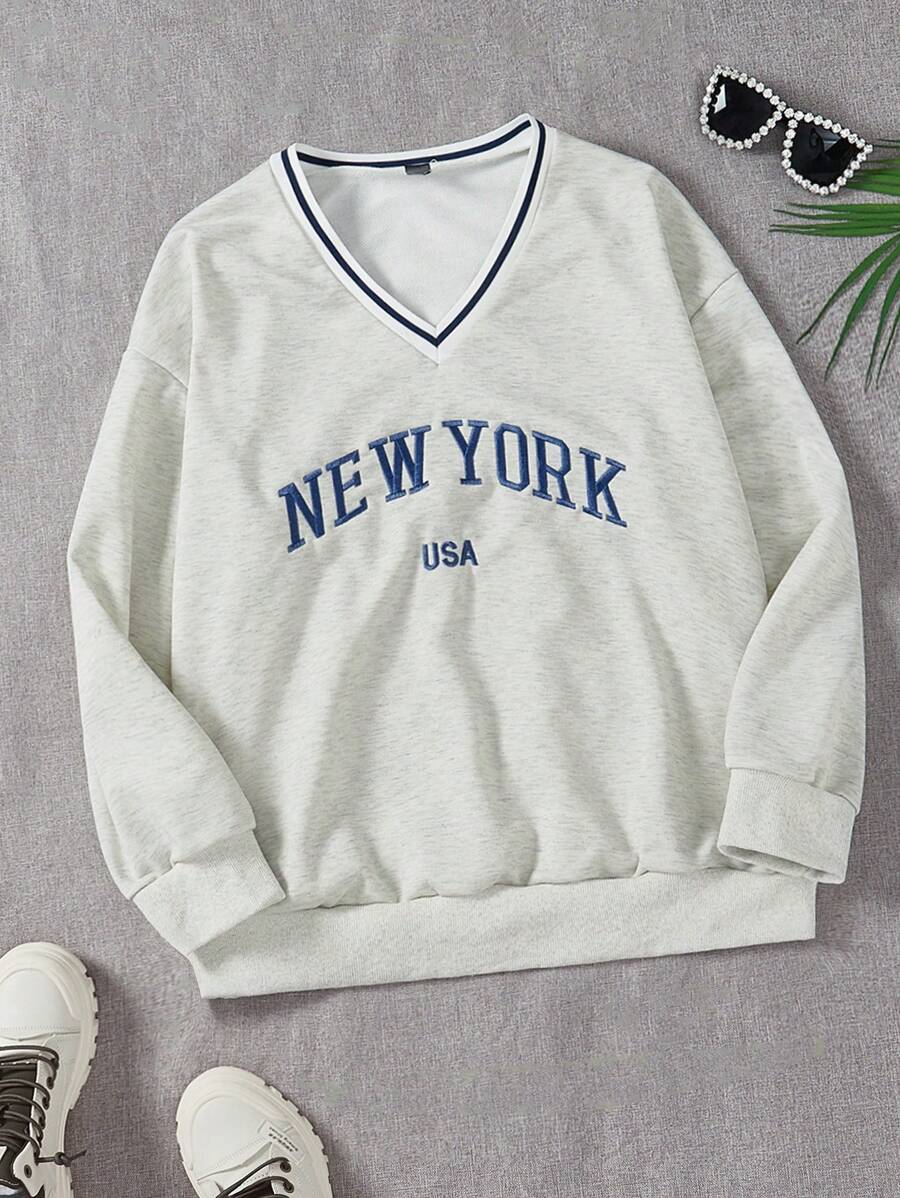 CovetEZ 加字母图案条纹落肩保暖卫衣 毕业、返校服装、毕业、女士教师服装、秋冬返校 - 淺灰色 - 查看 1