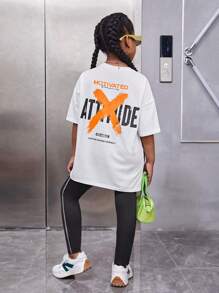 SHEIN Camiseta de cuello redondo holgada con estampado de letra para niñas preadolescentes, apta para el verano - Blanco - Ver 3
