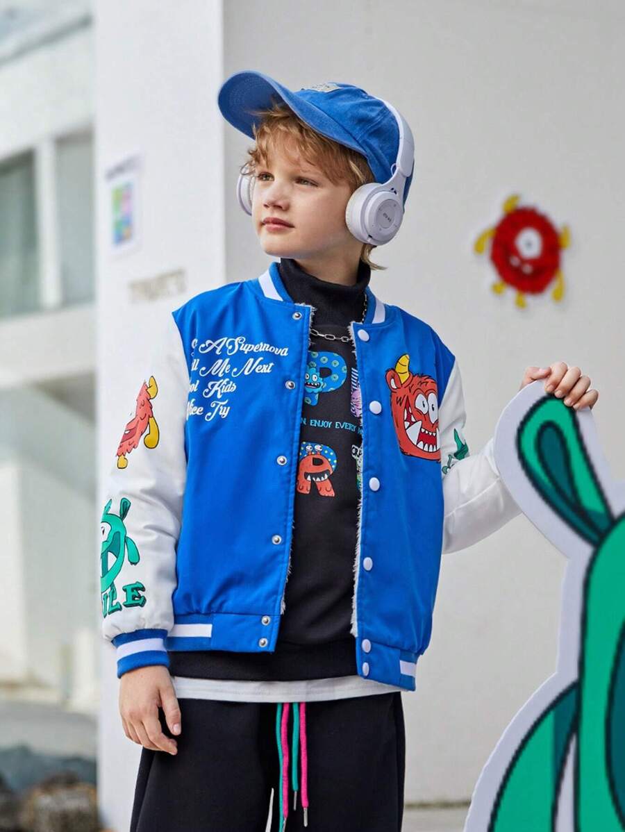 SHEIN Tween Boy Slogan & Cartoon Graphic Varsity Jacket - Multicolor - View 1
