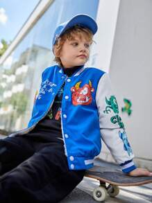 SHEIN Tween Boy Slogan & Cartoon Graphic Varsity Jacket - Multicolor - View 3