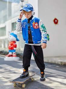 SHEIN Tween Boy Slogan & Cartoon Graphic Varsity Jacket - Multicolor - View 5