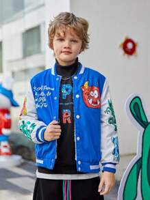 SHEIN Tween Boy Slogan & Cartoon Graphic Varsity Jacket - Multicolor - View 6
