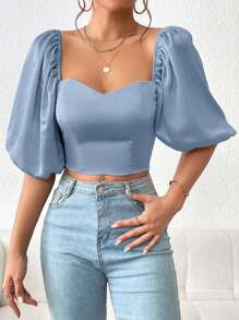 SHEIN Privé Sweetheart Neck Puff Sleeve Crop Blouse - Dusty Blue - View 1