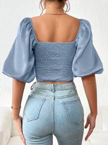 SHEIN Privé Sweetheart Neck Puff Sleeve Crop Blouse - Dusty Blue - View 2