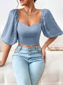 SHEIN Privé Sweetheart Neck Puff Sleeve Crop Blouse - Dusty Blue - View 4