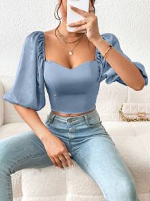 SHEIN Privé Sweetheart Neck Puff Sleeve Crop Blouse - Dusty Blue - View 5