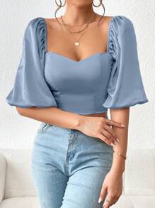 SHEIN Privé Sweetheart Neck Puff Sleeve Crop Blouse - Dusty Blue - View 6