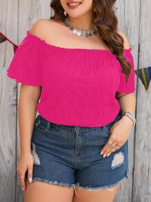 SHEIN Clasi 大碼一字肩褶邊素色襯衫 - 玫紅色 - 查看 4