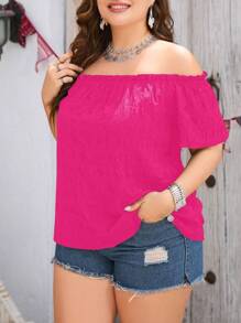 SHEIN Clasi 大碼一字肩褶邊素色襯衫 - 玫紅色 - 查看 5