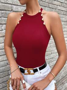Chiquease Button Detail Halter Top - Red - View 3