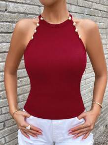 Chiquease Button Detail Halter Top - Red - View 5