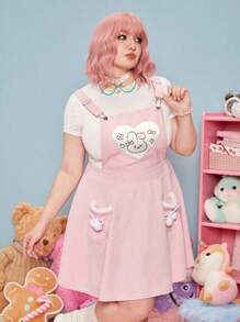 ROMWE Kawaii Hơn Đồ họa Hoạt hình Đầm Tổng thể Without Tee - Hồng - Xem 5