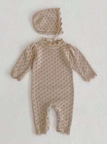 Baby Girl Solid Lettuce Trim Knit Jumpsuit & Hat