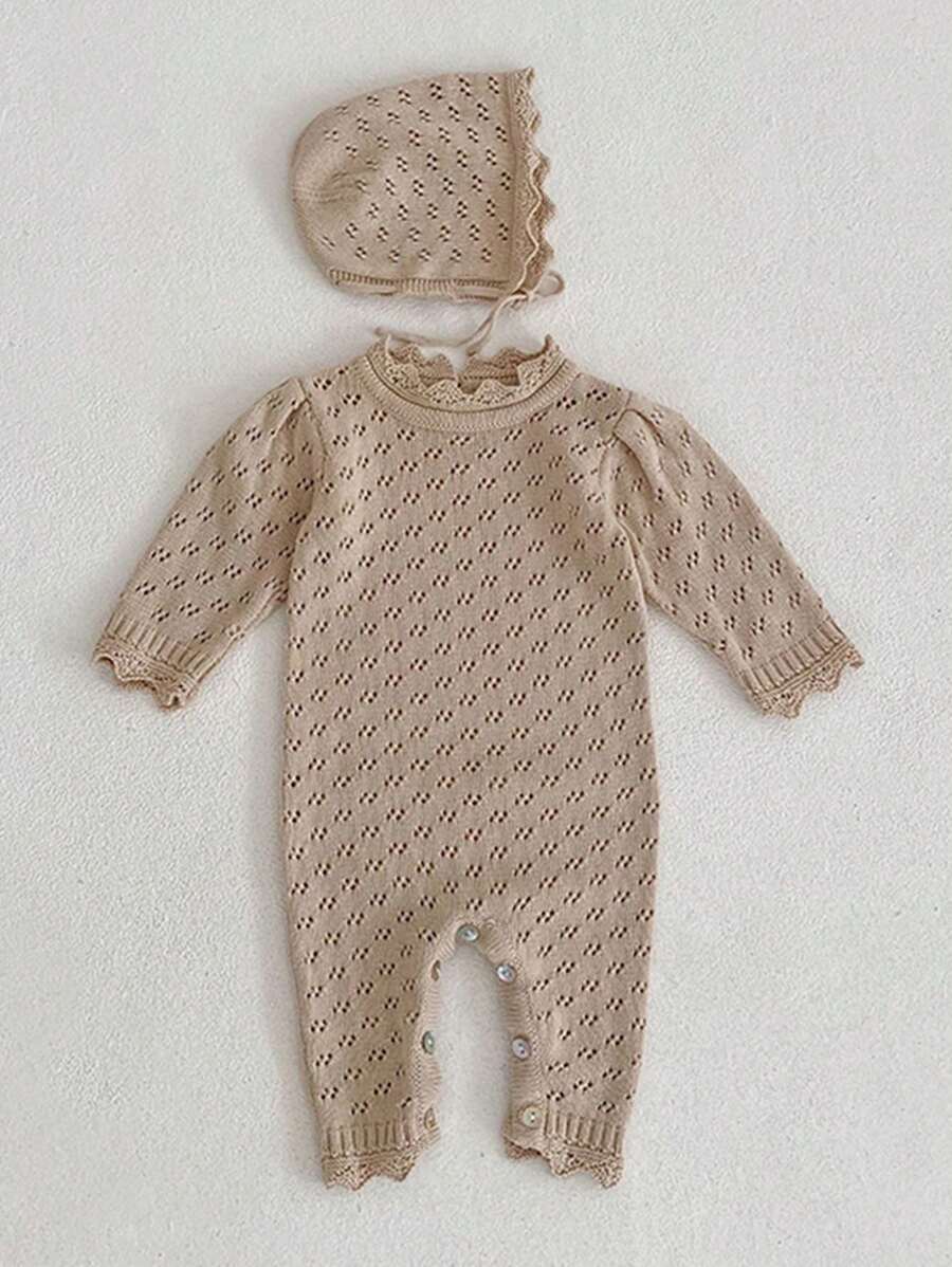 Baby Girl Solid Lettuce Trim Knit Jumpsuit & Hat
