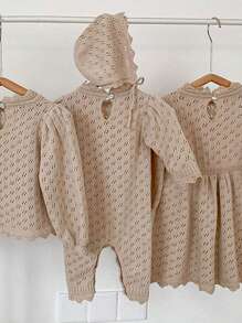 Baby Girl Solid Lettuce Trim Knit Jumpsuit & Hat