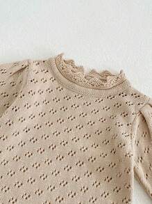 Baby Girl Solid Lettuce Trim Knit Jumpsuit & Hat