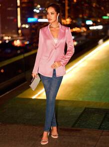 SHEIN BAE 西裝領單釦緞面西裝外套 - 粉色 - 查看 4