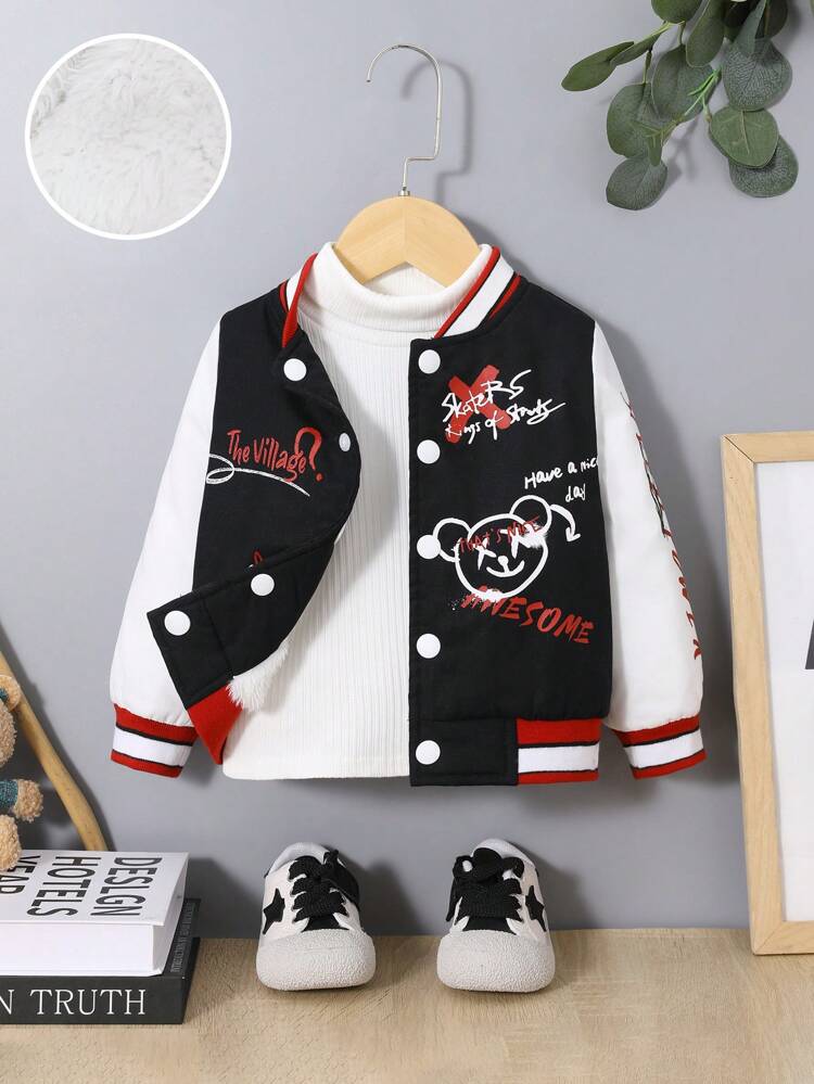 Baby Boy Letter & Cartoon Graphic Striped Trim Bomber Jacket Without Hoodie