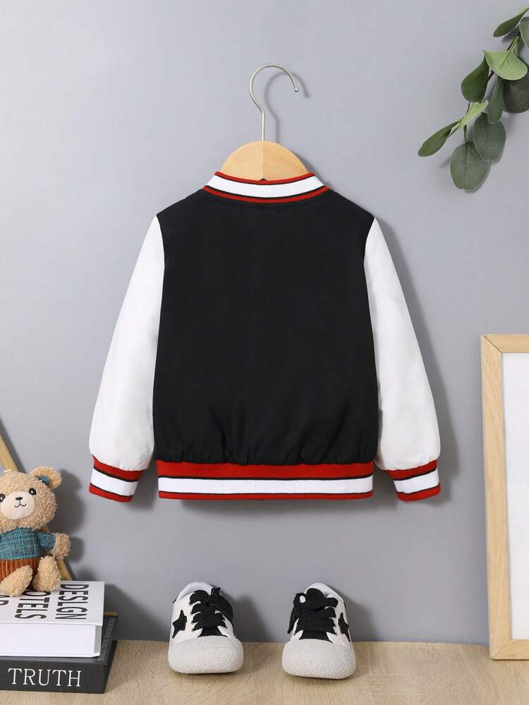 Baby Boy Letter & Cartoon Graphic Striped Trim Bomber Jacket Without Hoodie