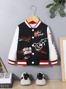 SHEIN 男嬰字母和卡通圖案條紋飾邊飛行員夾克無連帽衫 - 彩色 - 查看 4