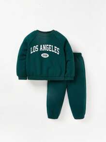 Cozy Pixies 嬰兒女寶寶時尚休閒圓領拼接袖口字母印花運動衫和褲子套裝 - 墨綠色 - 查看 12