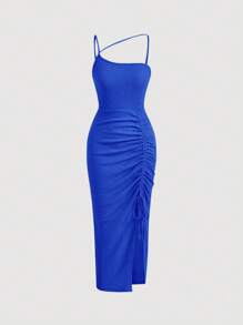 SHEIN MOD Asymmetrical Neck Drawstring Split Thigh Dress Ruched Dress - Royal Blue - View 1