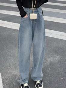 Women's Retro High Waist With Button Flared Straight Leg Jeans