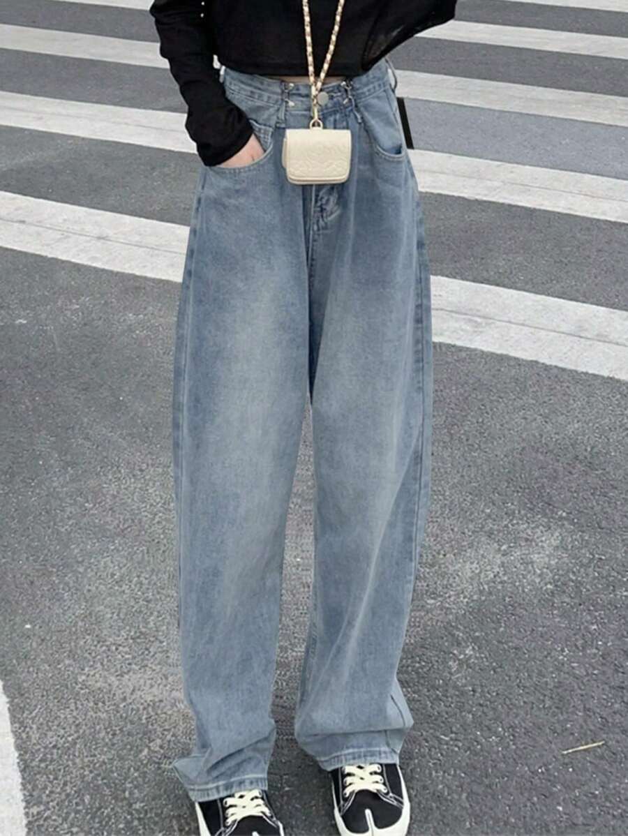 Women's Retro High Waist With Button Flared Straight Leg Jeans