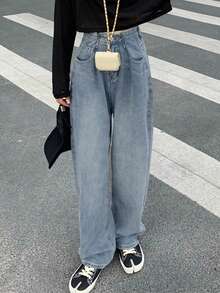 Women's Retro High Waist With Button Flared Straight Leg Jeans