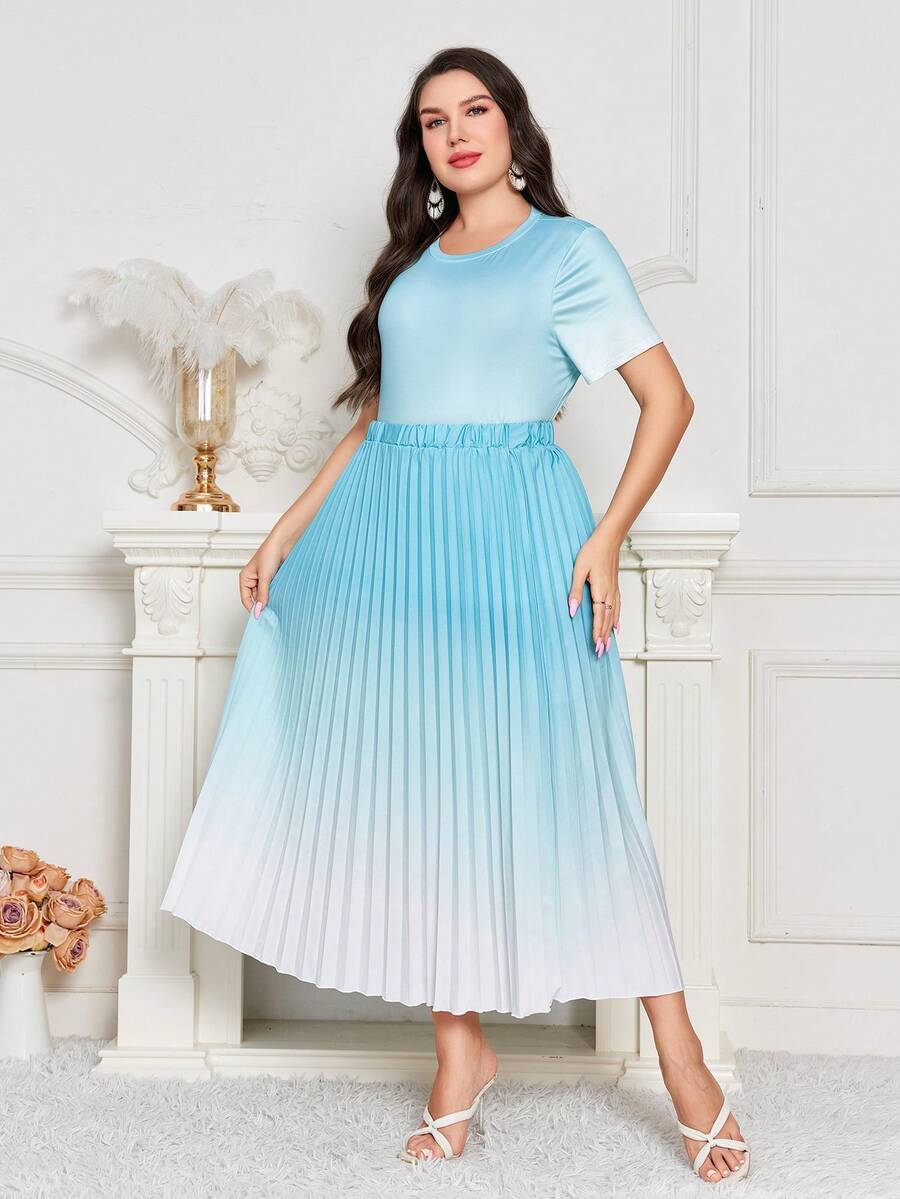 Mulvari Hơn Bóng Áo thun & Chân Váy xếp ly - Màu xanh nhạt - Xem 1