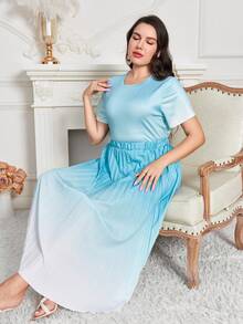 Mulvari Hơn Bóng Áo thun & Chân Váy xếp ly - Màu xanh nhạt - Xem 6