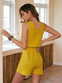 Breezaya Solid Button Front Knot Waist Plisse Romper - Yellow - View 2