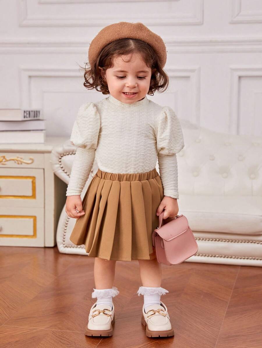 SHEIN 女嬰羊腿袖T恤&百褶半身裙不附帶帽 - 彩色 - 查看 1