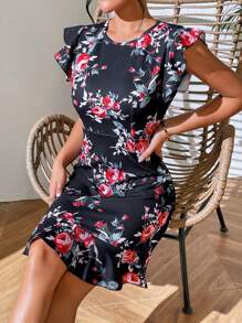SHEIN VCAY Vestido con estampado floral ribete con fruncido bajo con fruncido - Negro - Ver 5