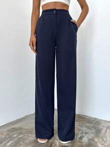 EURMUSE Solid Slant Pocket Straight Leg Suit Pants - Navy Blue - View 3