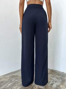 EURMUSE Solid Slant Pocket Straight Leg Suit Pants - Navy Blue - View 2