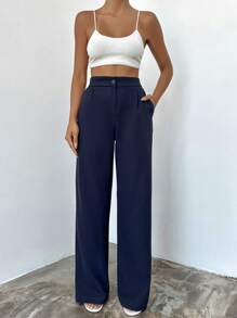EURMUSE Solid Slant Pocket Straight Leg Suit Pants - Navy Blue - View 4