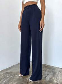EURMUSE Solid Slant Pocket Straight Leg Suit Pants - Navy Blue - View 1