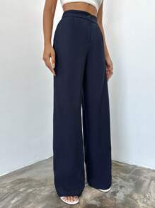 EURMUSE Solid Slant Pocket Straight Leg Suit Pants - Navy Blue - View 5