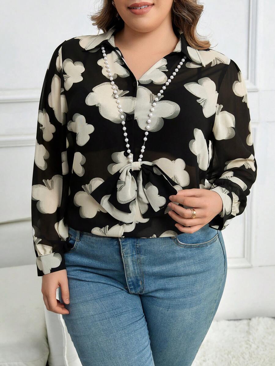 Calvaya Plus Butterfly Print Pearls Beaded Shirt - Multicolor - View 1