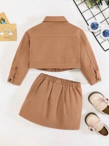 SHEIN 口袋 前紐扣純色嬰童（女）套裝 - 卡其色 - 查看 2
