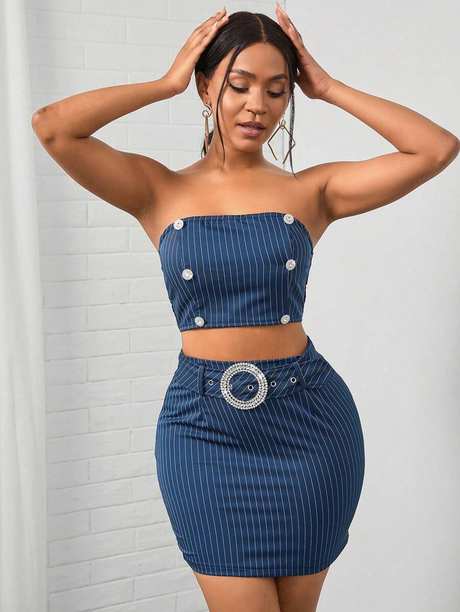 VaVaBold Striped Print Tube Top & Bodycon Belted Skirt - Royal Blue - View 1