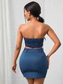 VaVaBold Striped Print Tube Top & Bodycon Belted Skirt - Royal Blue - View 2
