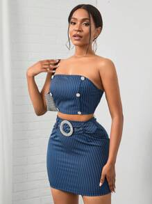 VaVaBold Striped Print Tube Top & Bodycon Belted Skirt - Royal Blue - View 7