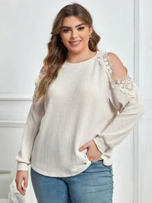 SHEIN Unity 大碼蕾絲拼接挖肩T恤 - 杏色 - 查看 1