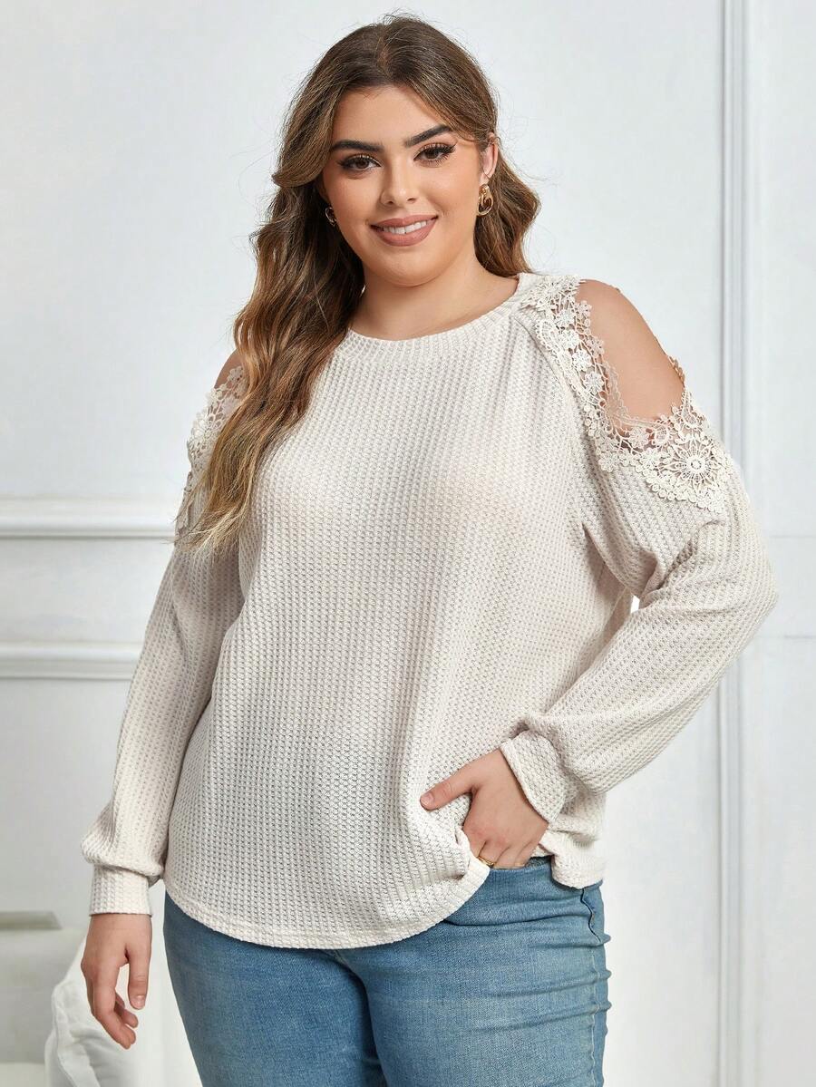 SHEIN Unity 大碼蕾絲拼接挖肩T恤 - 杏色 - 查看 1