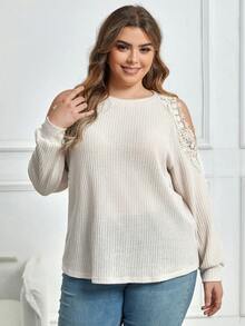 SHEIN Unity 大碼蕾絲拼接挖肩T恤 - 杏色 - 查看 3