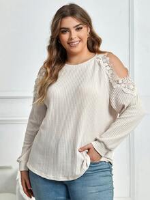 SHEIN Unity 大碼蕾絲拼接挖肩T恤 - 杏色 - 查看 4