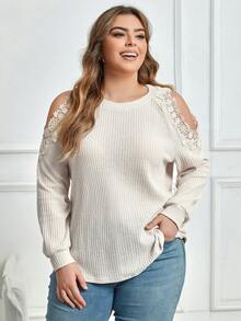 SHEIN Unity 大碼蕾絲拼接挖肩T恤 - 杏色 - 查看 5